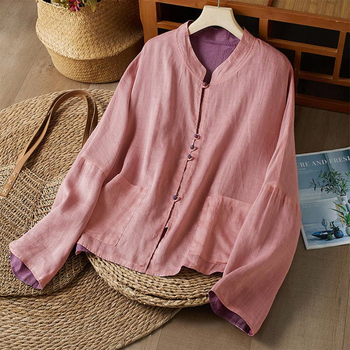 Buddha Stones V Neck Casual Solid Color Long Sleeve Shirt Cotton Linen Women's Shirts