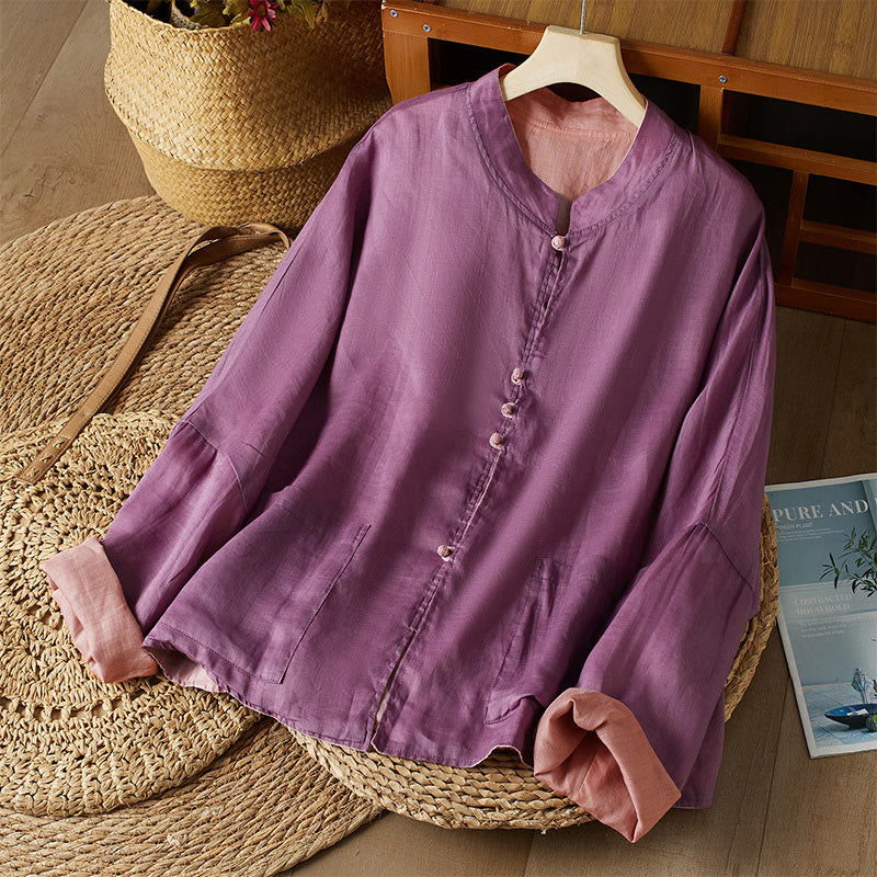 Buddha Stones V Neck Casual Solid Color Long Sleeve Shirt Cotton Linen Women's Shirts