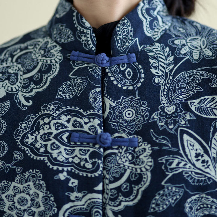 Buddha Stones Winter Blue And White Flowers Warm Frog Button Design Long Sleeve Cotton Jacket