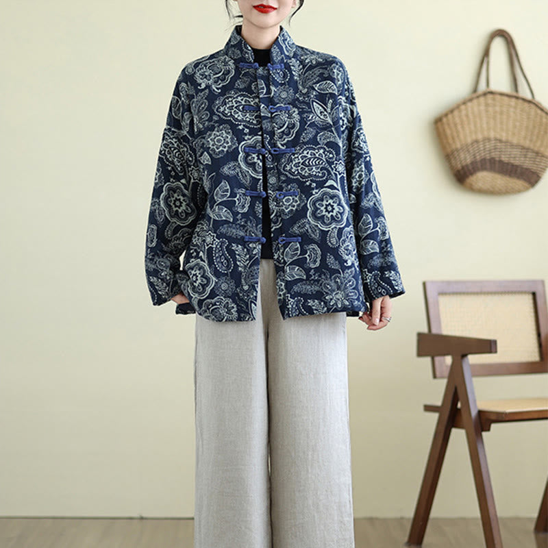 Buddha Stones Winter Blue And White Flowers Warm Frog Button Design Long Sleeve Cotton Jacket