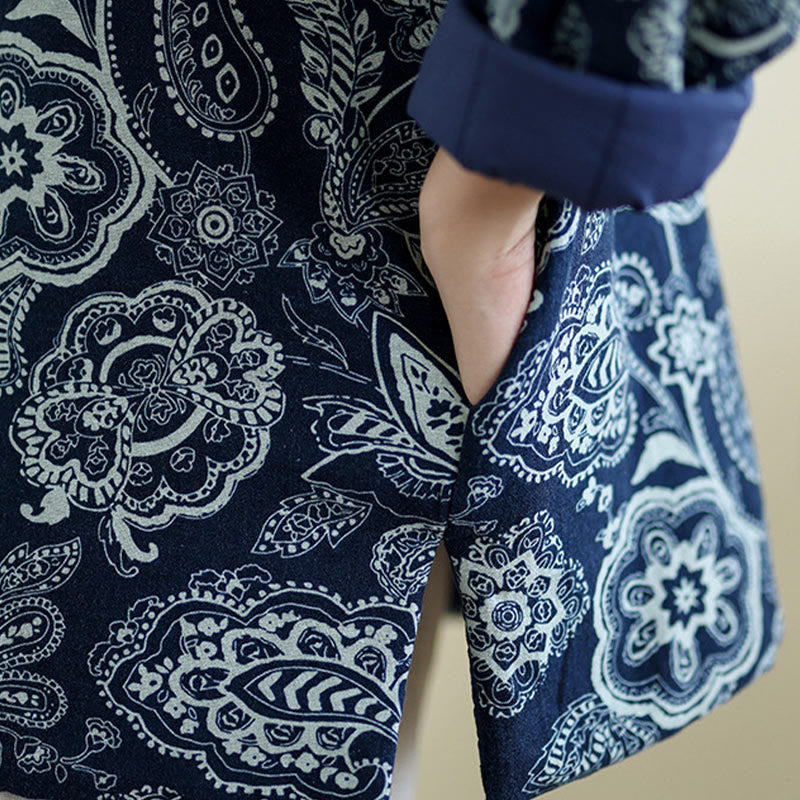 Buddha Stones Winter Blue And White Flowers Warm Frog Button Design Long Sleeve Cotton Jacket