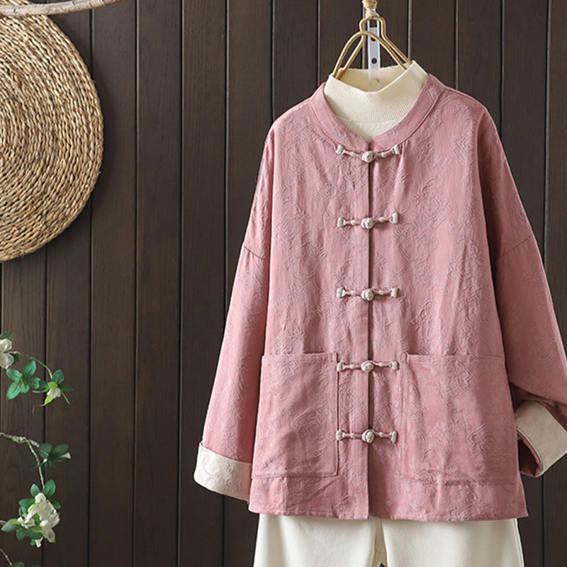 Buddha Stones Solid Color Casual Frog-button Ruffle Collar Cotton Linen Women's Jacket Shirts Clothing