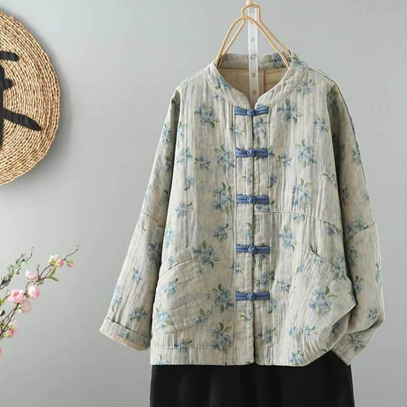 Buddha Stones Casual Frog-button Stand Collar Flower Cotton Linen Women's Jacket Shirts Clothing