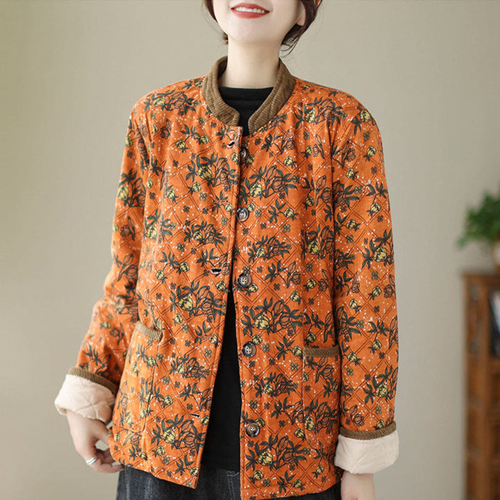 Buddha Stones Winter Floral Plaid Warm Long Sleeve Cotton Jacket With Pockets