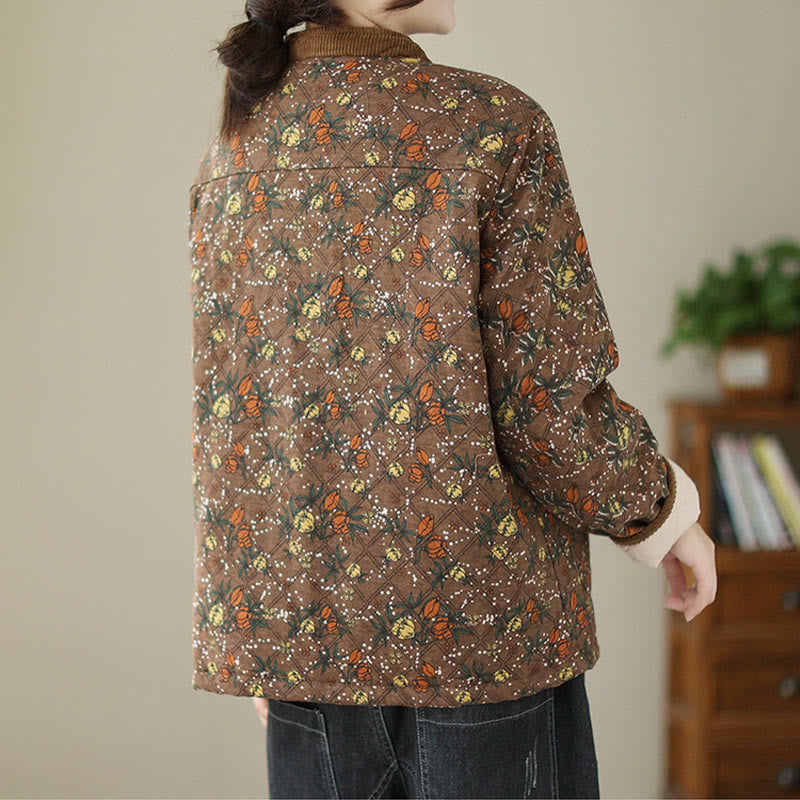 Buddha Stones Winter Floral Plaid Warm Long Sleeve Cotton Jacket With Pockets