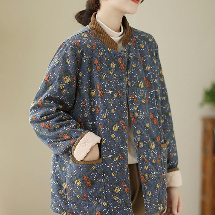 Buddha Stones Winter Floral Plaid Warm Long Sleeve Cotton Jacket With Pockets