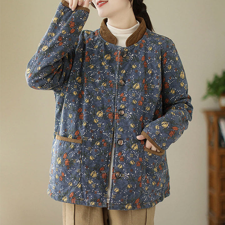 Buddha Stones Winter Floral Plaid Warm Long Sleeve Cotton Jacket With Pockets