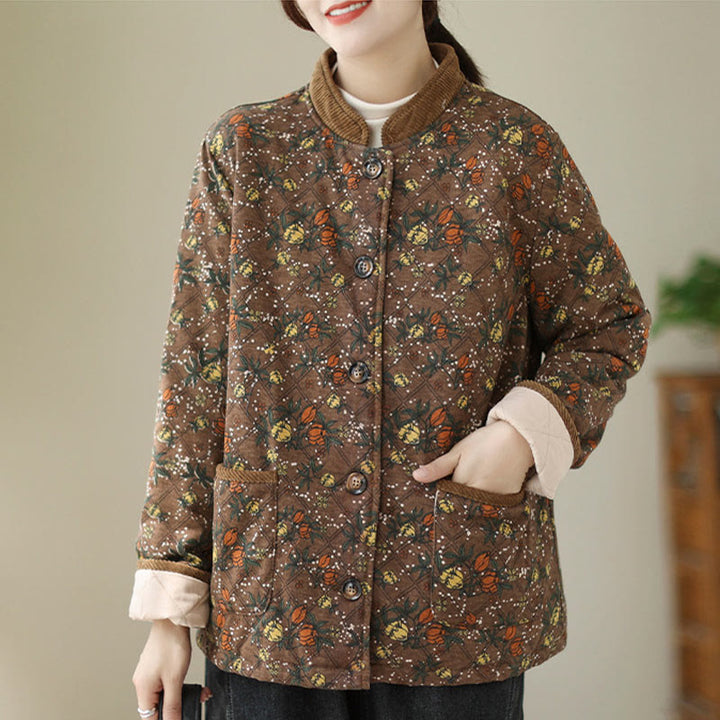 Buddha Stones Winter Floral Plaid Warm Long Sleeve Cotton Jacket With Pockets