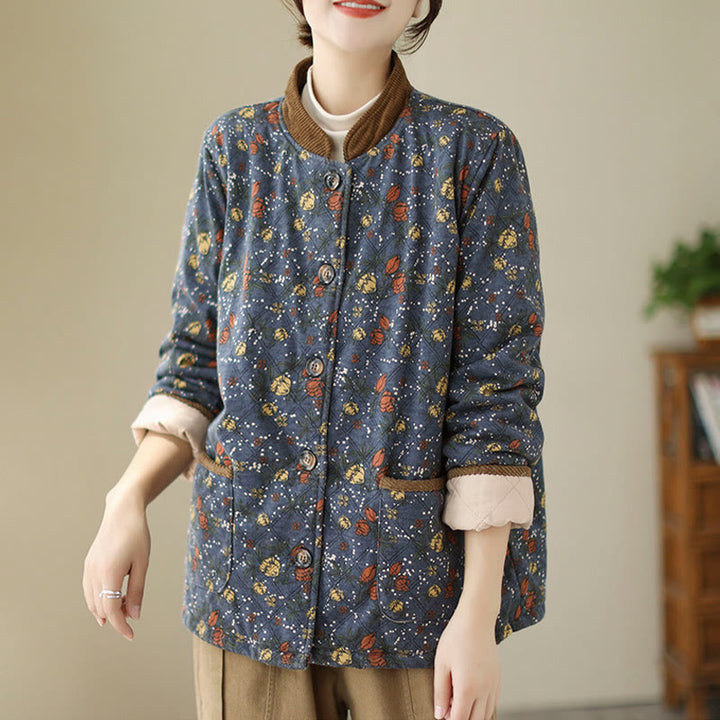 Buddha Stones Winter Floral Plaid Warm Long Sleeve Cotton Jacket With Pockets