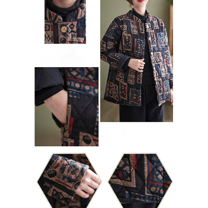 Buddha Stones Winter Square Plaid Warm Long Sleeve Cotton Jacket With Pockets