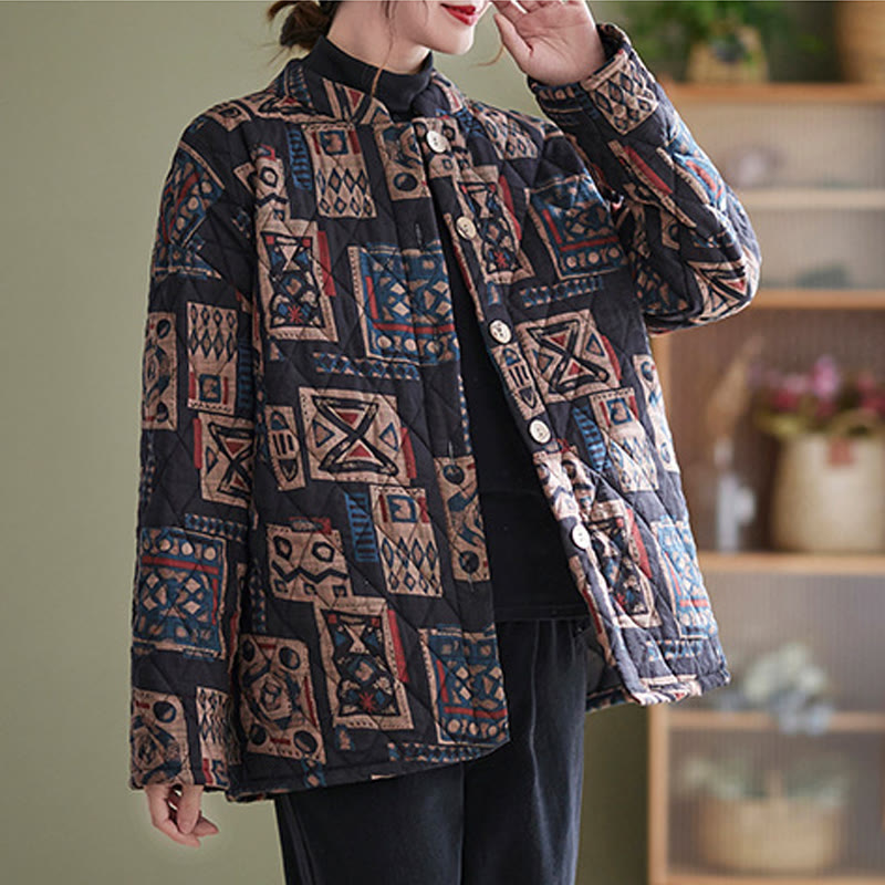 Buddha Stones Winter Square Plaid Warm Long Sleeve Cotton Jacket With Pockets