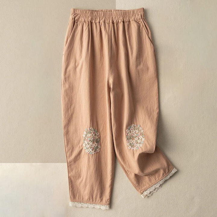 Buddha Stones Casual Lace Trim Embroidered Cotton Harem Pants With Pockets - SandyBrown - US14，UK/AU18，EU46 (4XL) - image 0