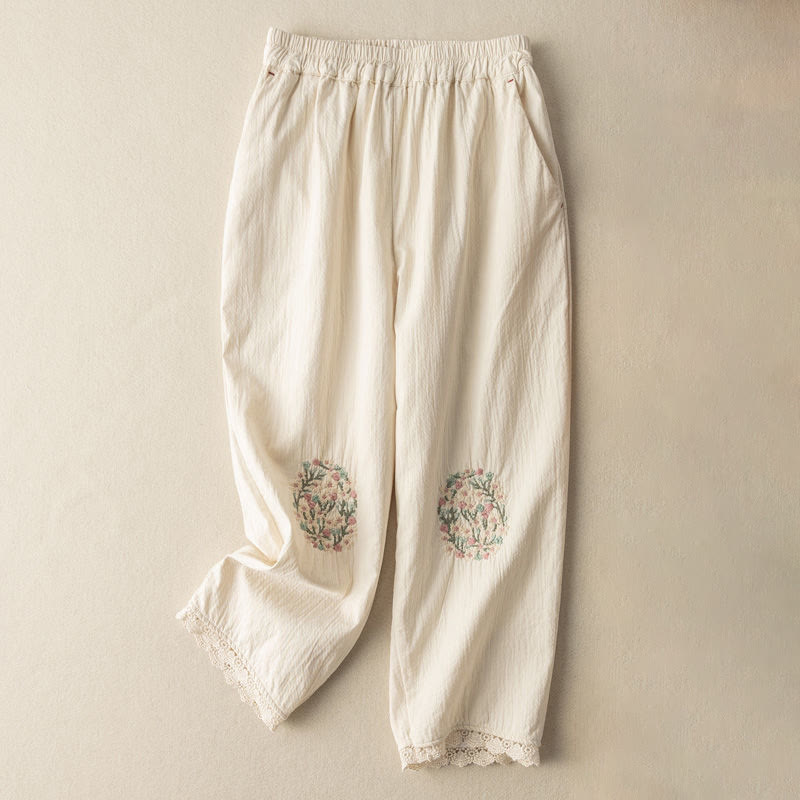 Buddha Stones Casual Lace Trim Embroidered Cotton Harem Pants With Pockets - White - US14，UK/AU18，EU46 (4XL) - image 7