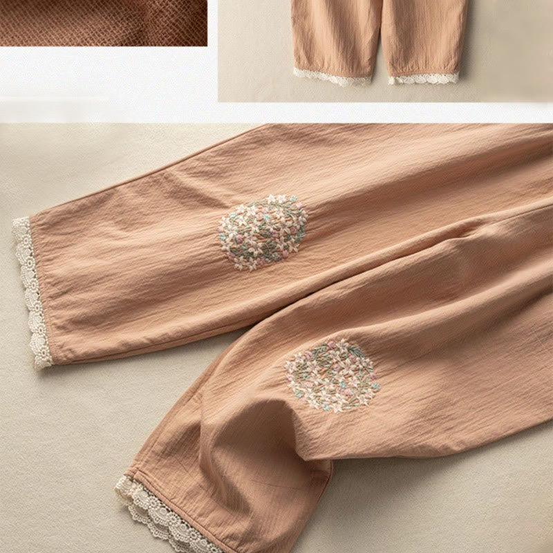Buddha Stones Casual Lace Trim Embroidered Cotton Harem Pants With Pockets - image 2