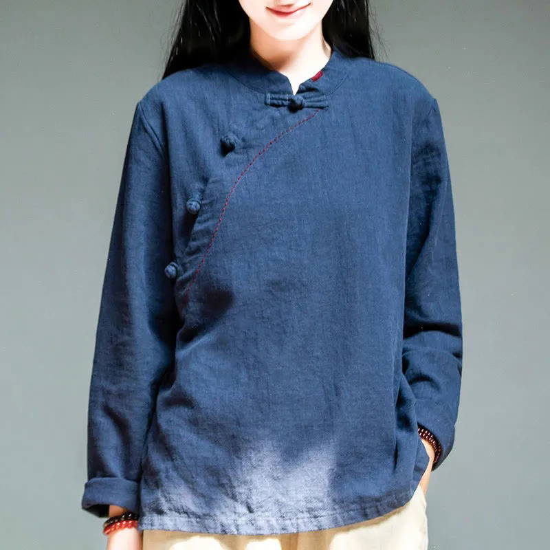 Buddha Stones Oblique Collar Knot button Cotton Loose Linen Clothing