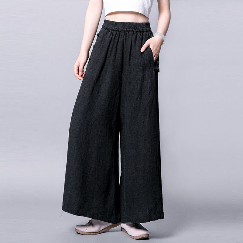 Buddha Stones Casual Frog-Button High Waist Wide Leg Pants With Pockets - Black - US12，UK/AU16，EU44 (3XL) - image 8