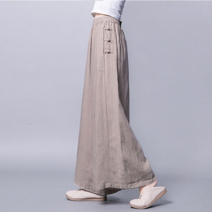 Buddha Stones Casual Cotton Frog-Button High Waist Wide Leg Pants With Pockets