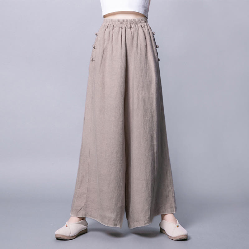 Buddha Stones Casual Cotton Frog-Button High Waist Wide Leg Pants With Pockets