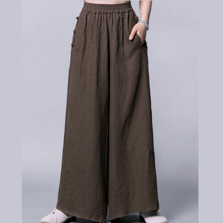 Buddha Stones Casual Cotton Frog-Button High Waist Wide Leg Pants With Pockets