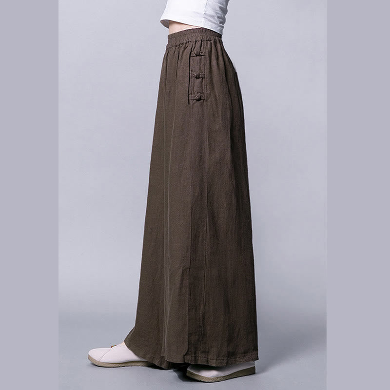 Buddha Stones Casual Cotton Frog-Button High Waist Wide Leg Pants With Pockets