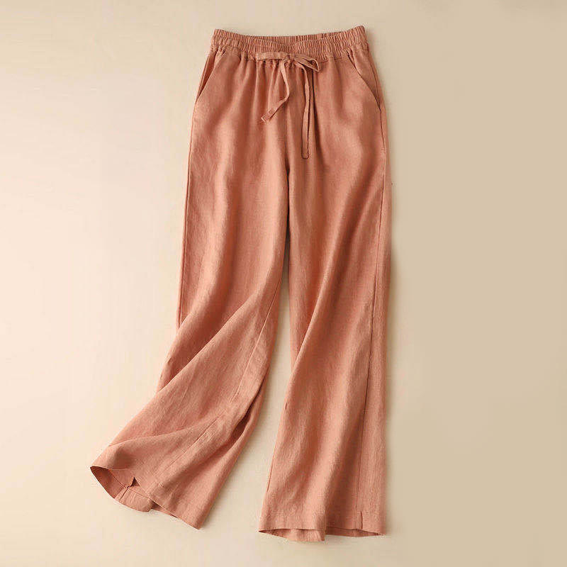 Buddha Stones Casual Cotton Linen High Waist Lace-up Wide Leg Pants With Pockets - LightSalmon - US12，UK/AU16，EU44 (3XL) - image 1