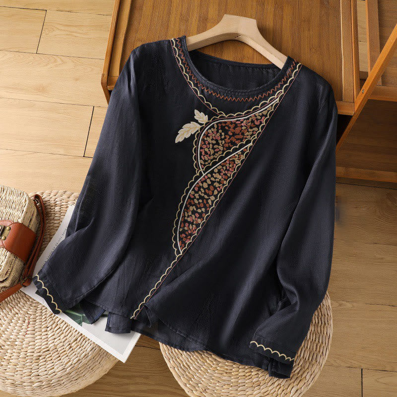 Buddha Stones Ethnic Embroidery Crew Neck Cotton Linen Pullover Clothing - MidnightBlue - US8-10，UK/AU12-14，EU40-42 (2XL) - image 4