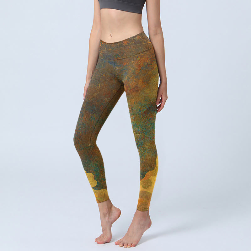 Buddha Stones Auspicious Clouds Print Lycra Fabric Fitness Leggings Women's Yoga Pants - DarkGoldenrod - US18，UK/AU22，EU50 (4XL) - image 1