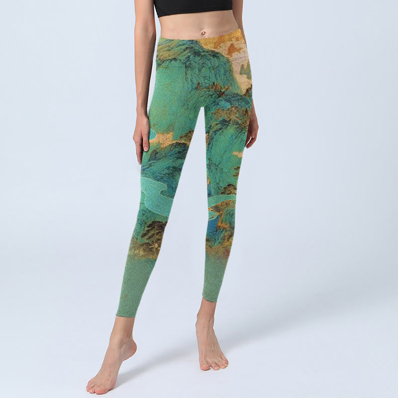 Buddha Stones Chinese Style Green Mountains Landscape Print Lycra Fabric Fitness Leggings Women's Yoga Pants - image 5