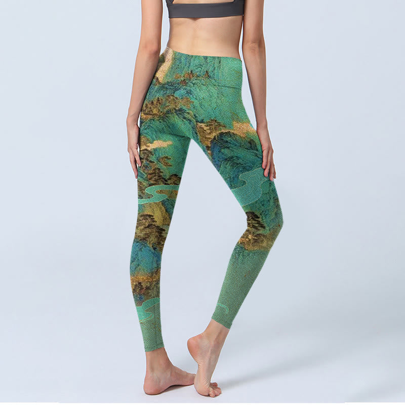 Buddha Stones Chinese Style Green Mountains Landscape Print Lycra Fabric Fitness Leggings Women's Yoga Pants