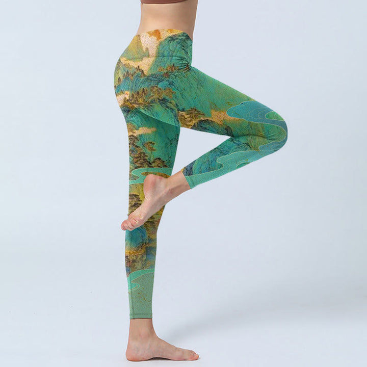 Buddha Stones Chinese Style Green Mountains Landscape Print Lycra Fabric Fitness Leggings Women's Yoga Pants - image 4