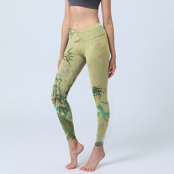 Buddha Stones Bamboo Print Lycra Fabric Fitness Leggings Women's Yoga Pants - PaleGoldenrod - US18，UK/AU22，EU50 (4XL) - image 0