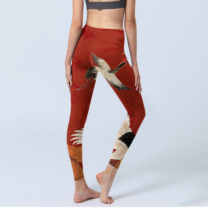 Buddha Stones Crane Print Lycra Fabric Fitness Leggings Women's Yoga Pants