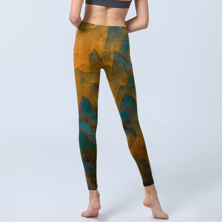 Buddha Stones Dark Goldenrod Mountain Print Fitness Leggings Women's Yoga Pants