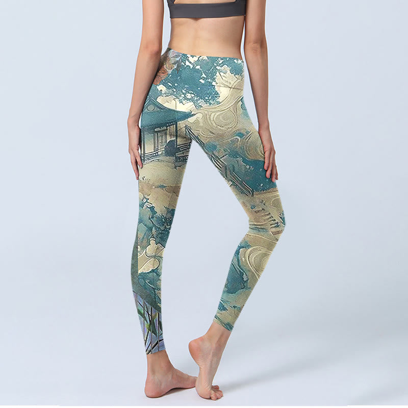 Buddha Stones Chinese Architecture Dark Sea Green Print Fitness Leggings Women's Yoga Pants - image 3