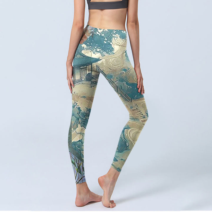 Buddha Stones Chinese Architecture Dark Sea Green Print Fitness Leggings Women's Yoga Pants - image 3