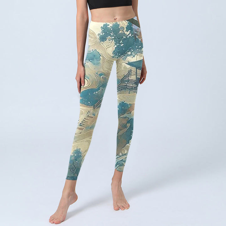Buddha Stones Chinese Architecture Dark Sea Green Print Fitness Leggings Women's Yoga Pants - image 5