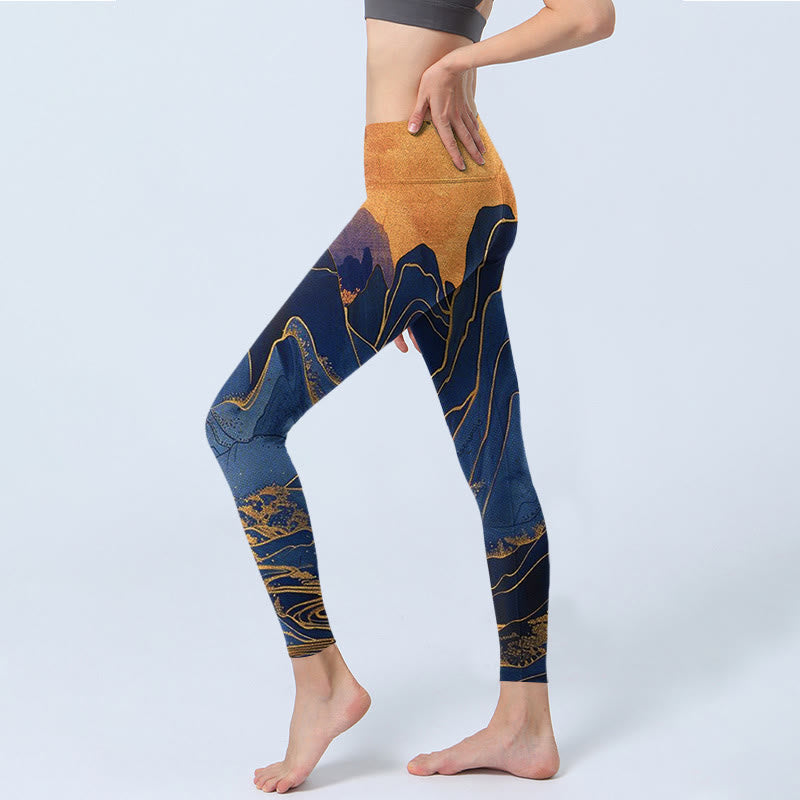 Buddha Stones Dark Blue Mountain Sunset Print Fitness Leggings Women's Yoga Pants - image 2