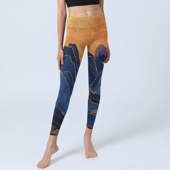 Buddha Stones Dark Blue Mountain Sunset Print Fitness Leggings Women's Yoga Pants