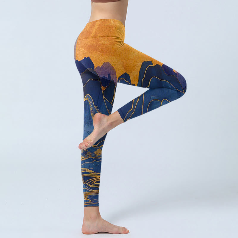 Buddha Stones Dark Blue Mountain Sunset Print Fitness Leggings Women's Yoga Pants