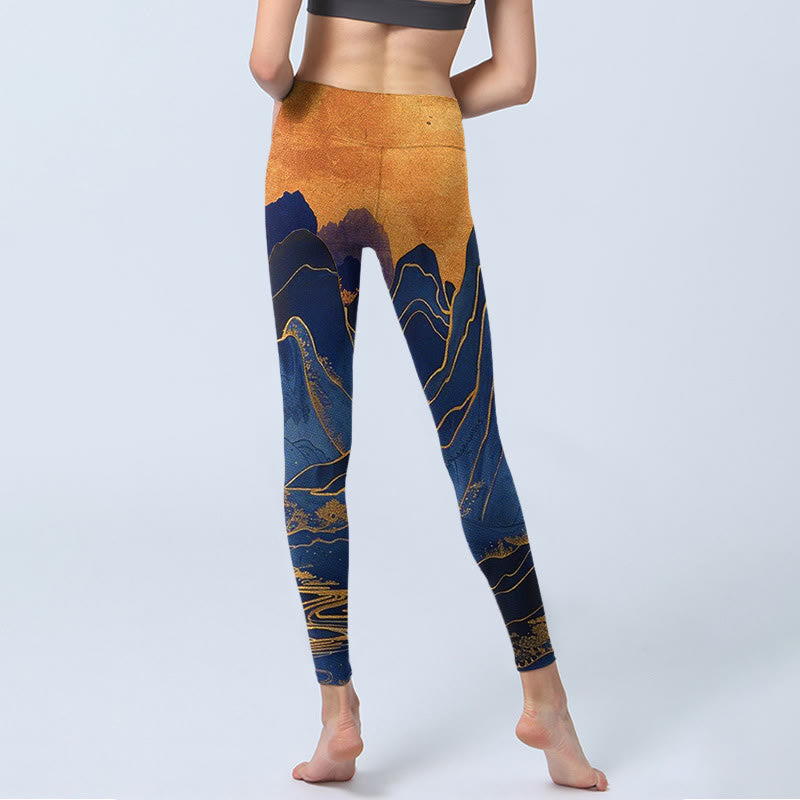 Buddha Stones Dark Blue Mountain Sunset Print Fitness Leggings Women's Yoga Pants