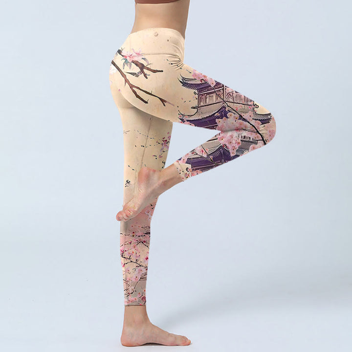 Buddha Stones Pink Sakura Antique Building Print Fitness Leggings Women's Yoga Pants