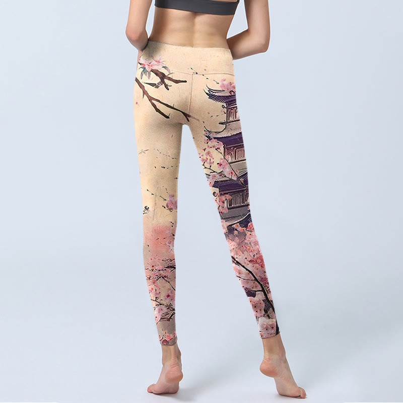 Buddha Stones Pink Sakura Antique Building Print Fitness Leggings Women's Yoga Pants