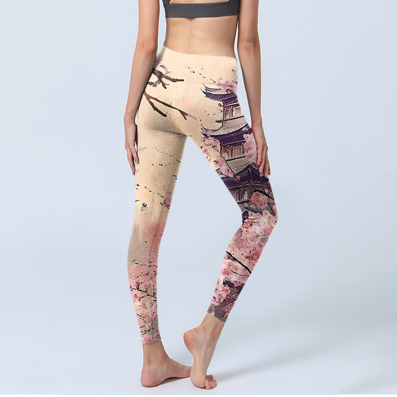 Buddha Stones Pink Sakura Antique Building Print Fitness Leggings Women's Yoga Pants