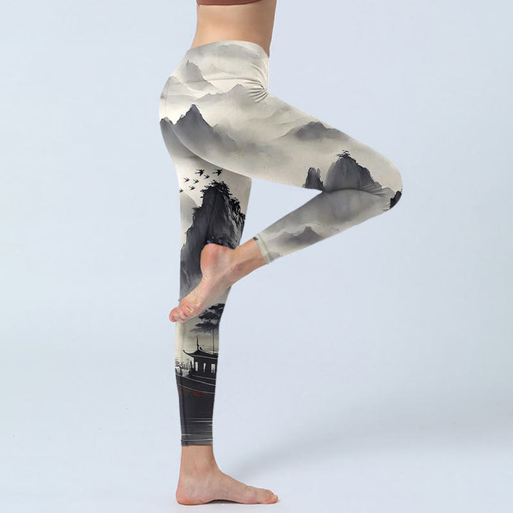 Buddha Stones Splash-ink Landscape Painting Print Fitness Leggings Women's Yoga Pants