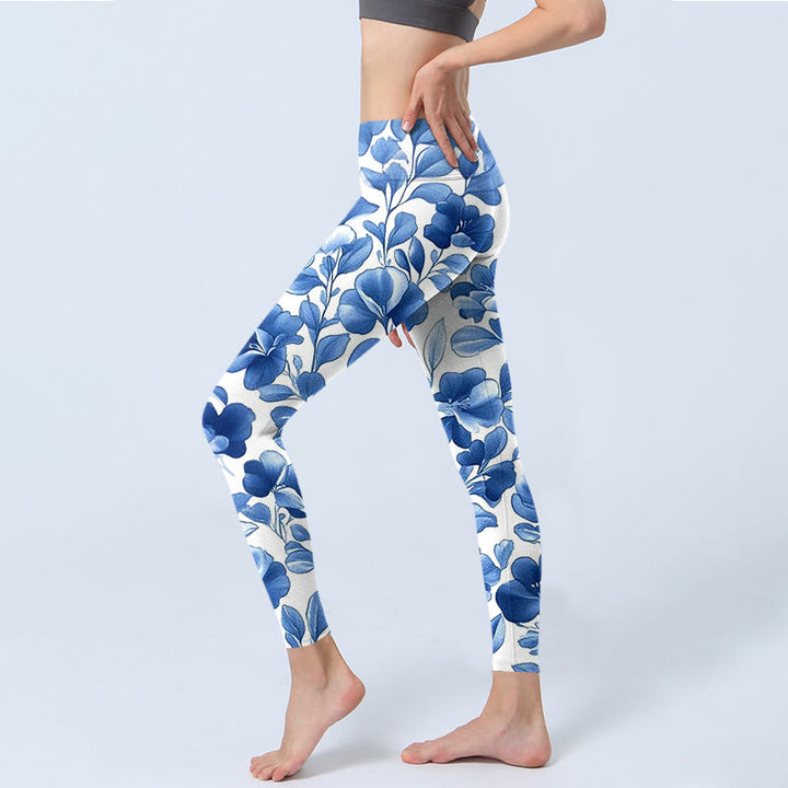 Buddha Stones Blue Flowers Print Fitness Leggings Women's Yoga Pants