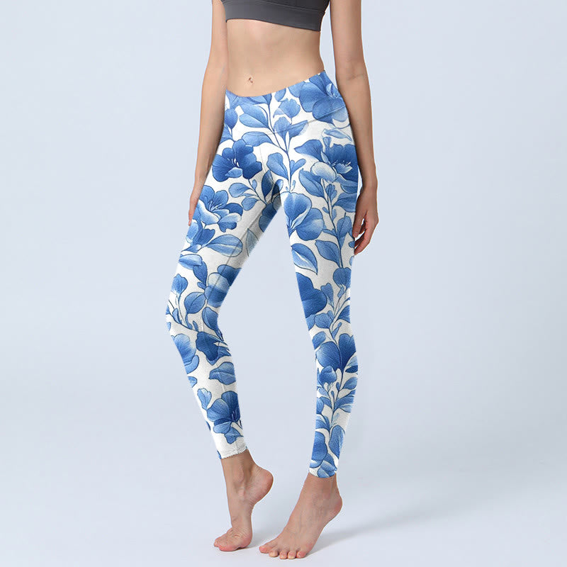 Buddha Stones Blue Flowers Print Fitness Leggings Women's Yoga Pants - LightSkyBlue - US18，UK/AU22，EU50 (4XL) - image 0