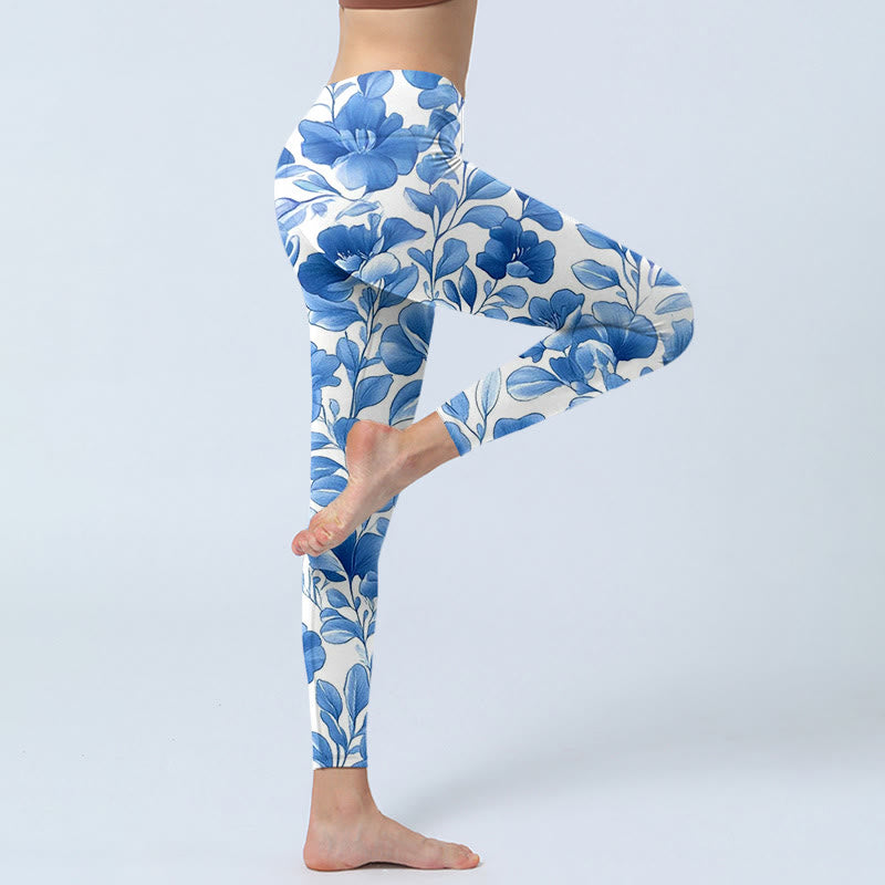 Buddha Stones Blue Flowers Print Fitness Leggings Women's Yoga Pants - image 4