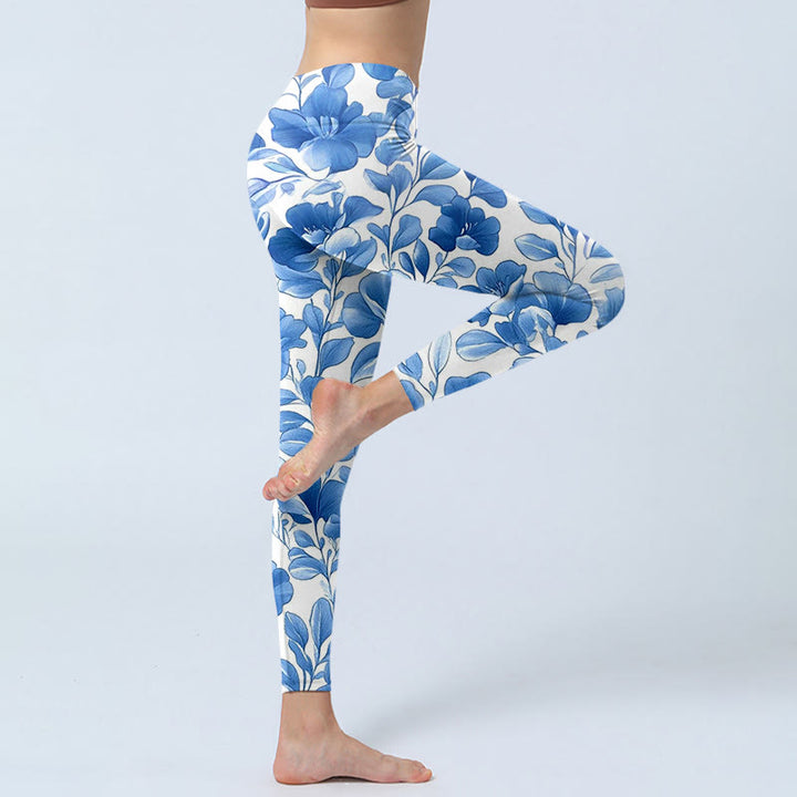 Buddha Stones Blue Flowers Print Fitness Leggings Women's Yoga Pants - image 4