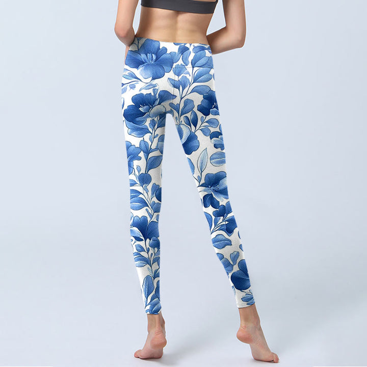 Buddha Stones Blue Flowers Print Fitness Leggings Women's Yoga Pants