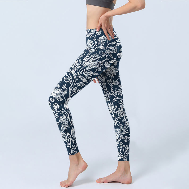 Buddha Stones Dark Blue Flower Print Fitness Leggings Women's Yoga Pants